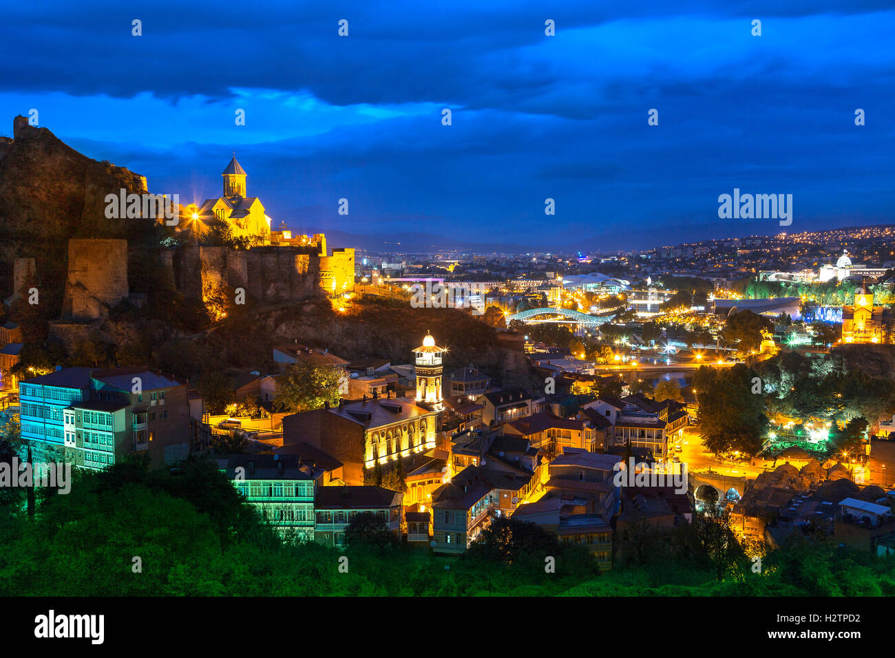 Night scene over Tbilisi, Georgia, at the twilight. Stock Photo