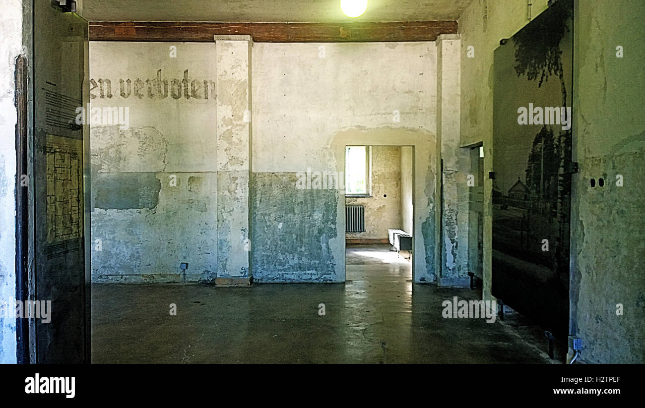 Dachau, Germany - View of the nazi concentration camp memorial, permanent exhibition at the maintenance building,camp interiors Stock Photo