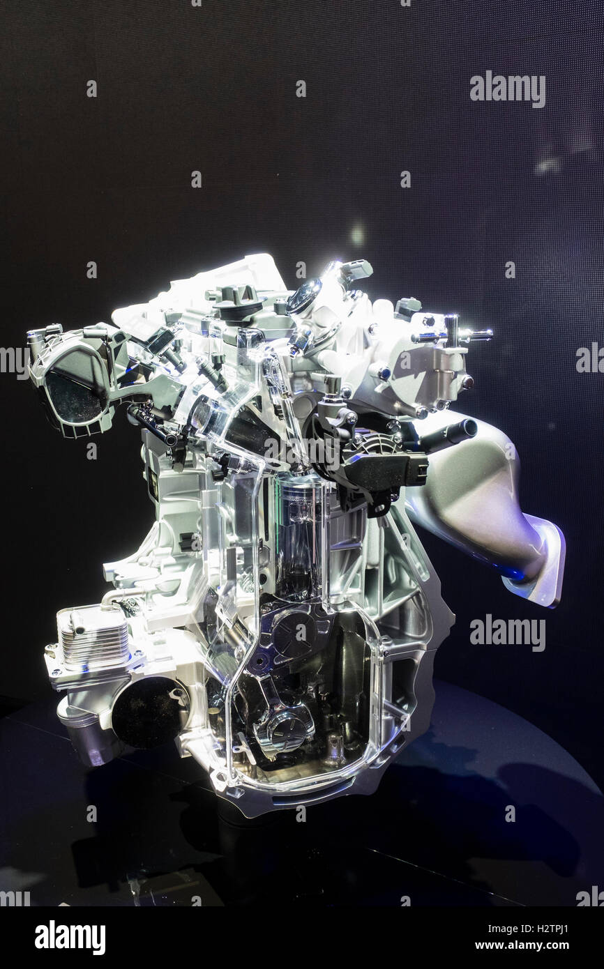 Detail of variable combustion Infinity VC-Turbo engine at Paris Motor Show 2016 Stock Photo