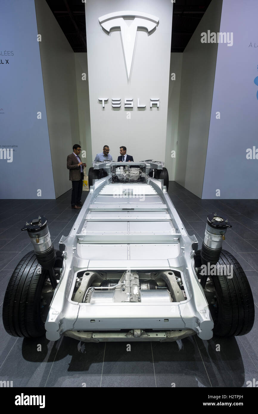 Display of chassis of Tesla Model X at Paris Motor Show 2016 Stock Photo
