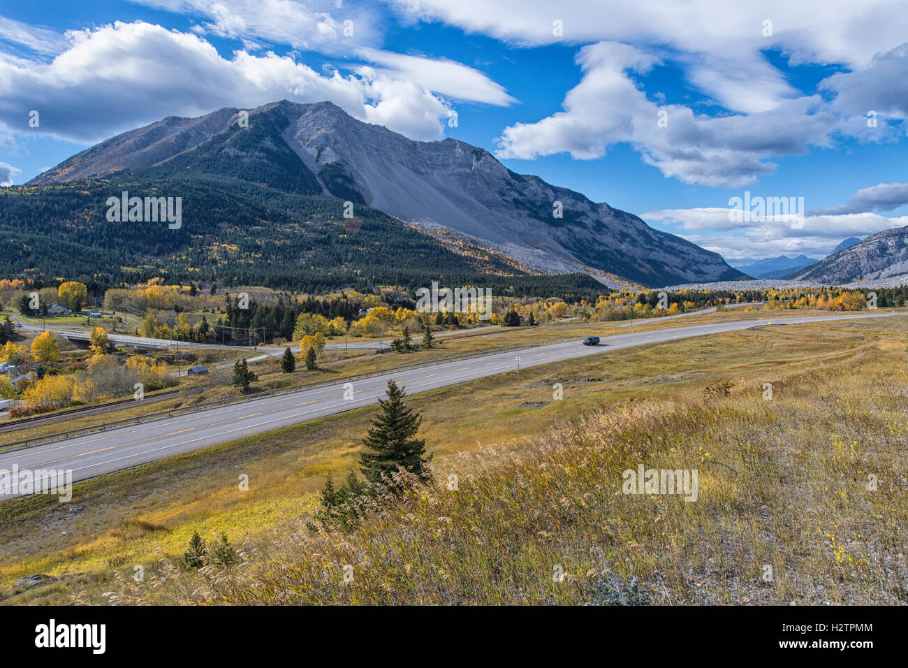 Highway 3 as it passes by Turtle Mountain and Frank Slide in the