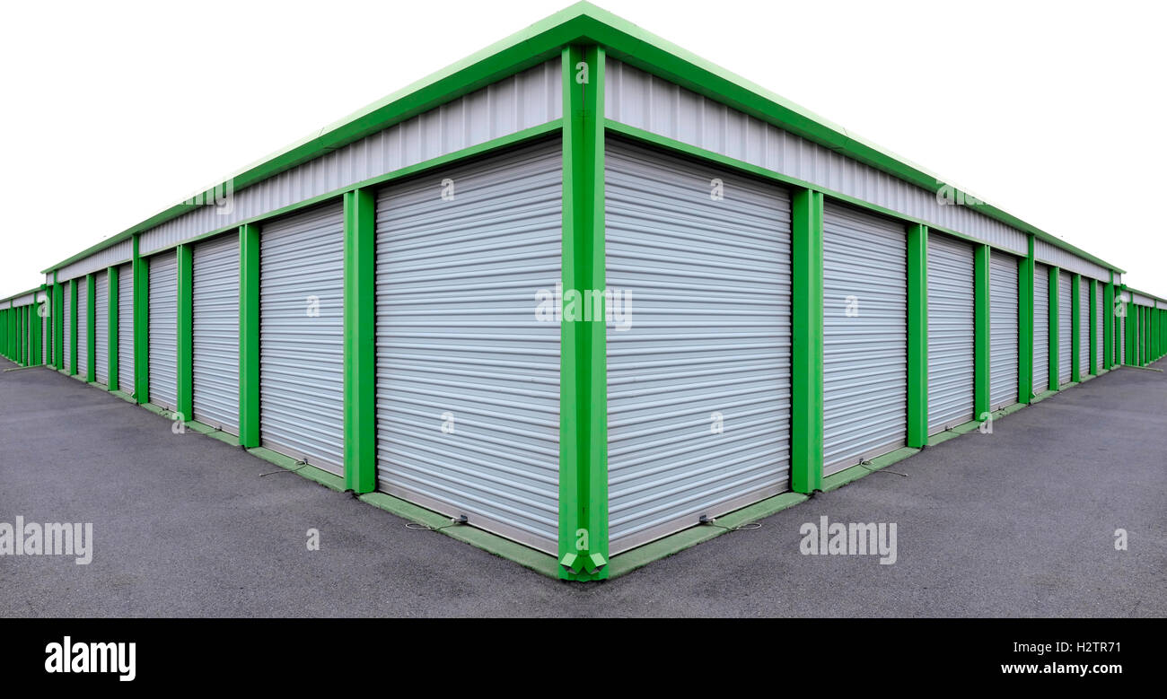 Detail of storage units building with sliding garage style doors Stock Photo