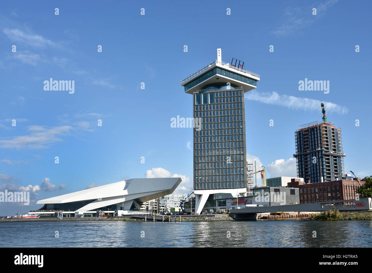 Waterfront of Amsterdam Noord district with modern building of EYE Film Institute and Amsterdam Tower The Netherlands, Amsterdam, Stock Photo