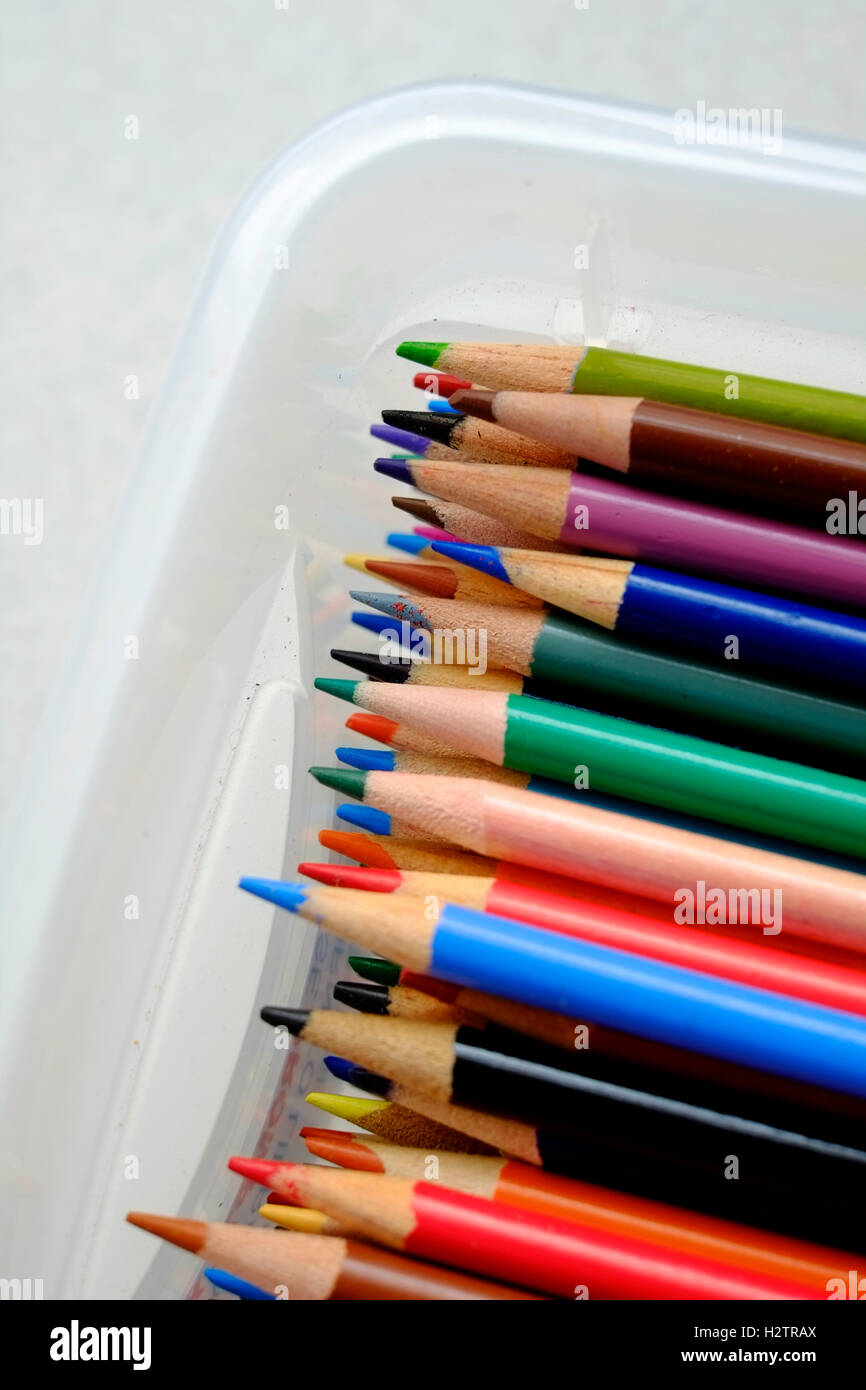 Tin bin of colored pencils representing creative art artistic creations Stock Photo