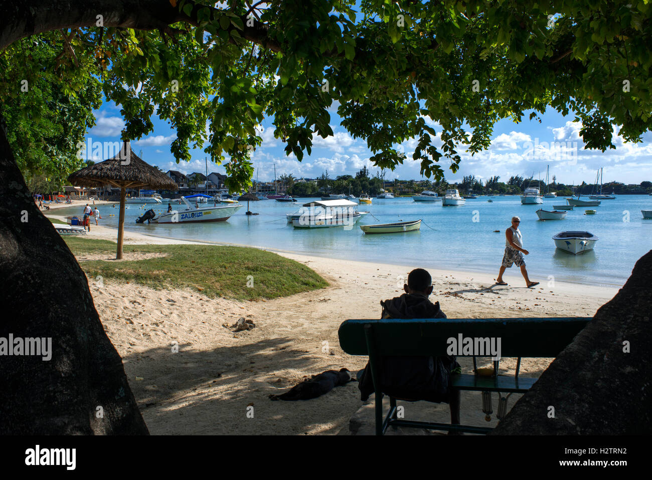 The bay and beach of Grand Baie, Riviere Du Rempart, Mauritius, Indian Ocean, Africa Stock Photo