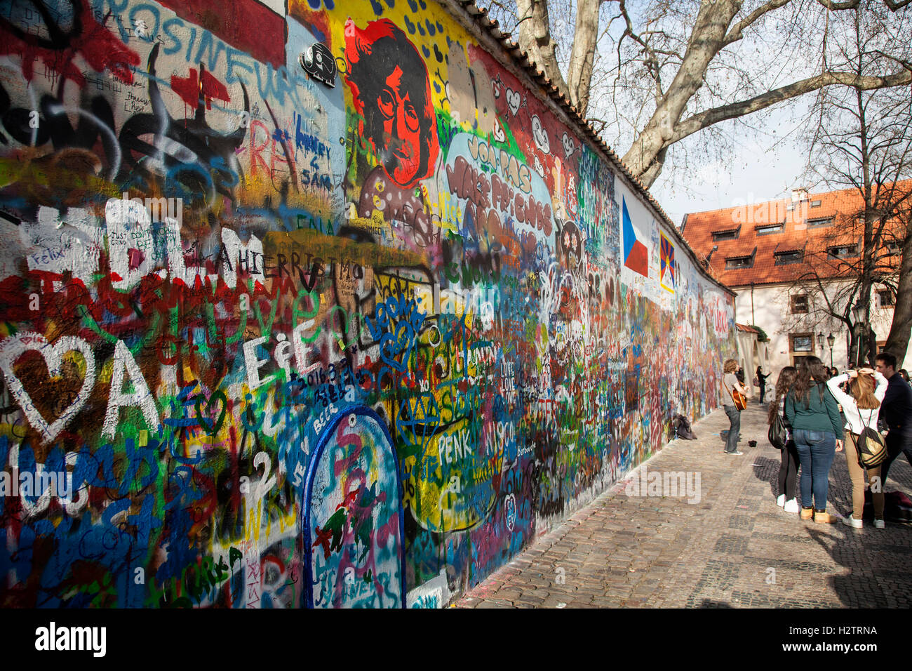 John Lennon wall in Prague. After his murder in 1980 it was a political graffiti protest by the young Czech. Stock Photo