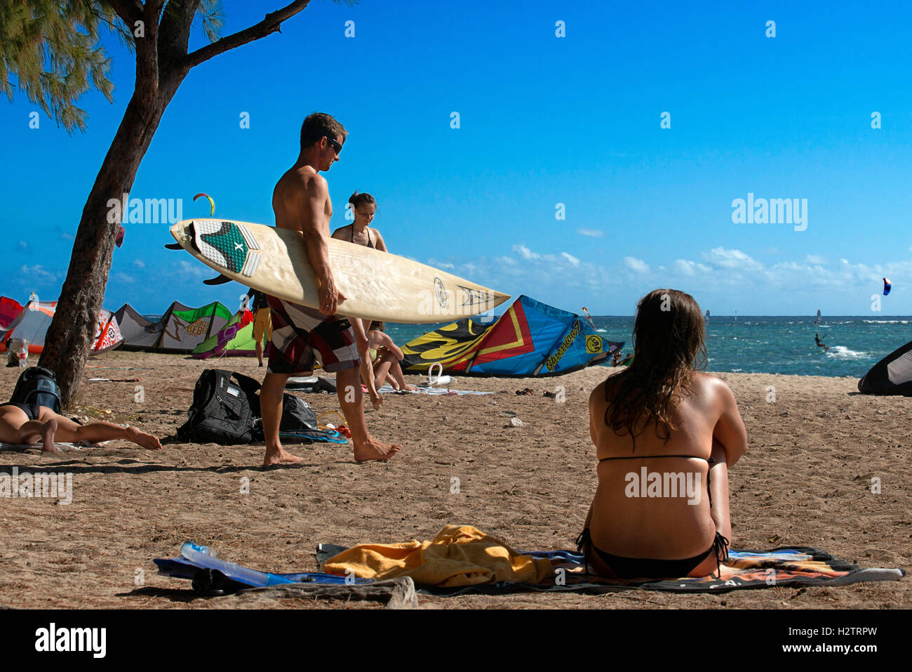 Surf and Water sports in Le Morne public beach, Mauritius. Stock Photo