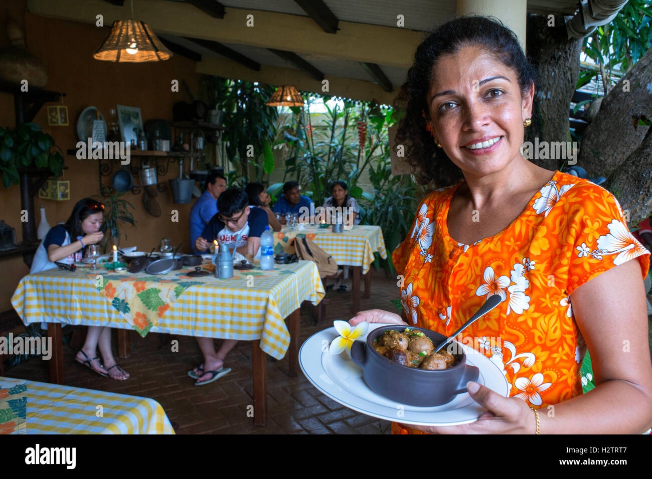 Mauritian creole food prepared and served at the Escale Creole restaurant at Moka near Port Louis in Mauritius. Chefs Majo and M Stock Photo