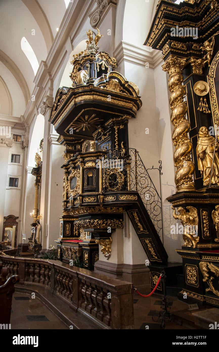 The pulpit in the  Church of the Virgin Mary the Victorious in Prague that has The Holy Infant Jesus. Stock Photo