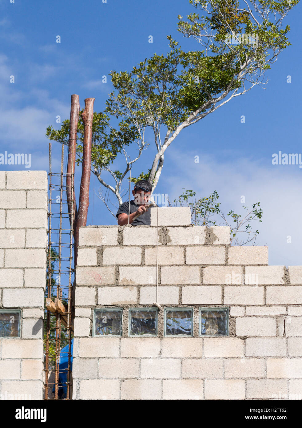 Bricklaying: building a wall. A bricklayer places a concrete block high up on a newly constructed cinder block wall Stock Photo