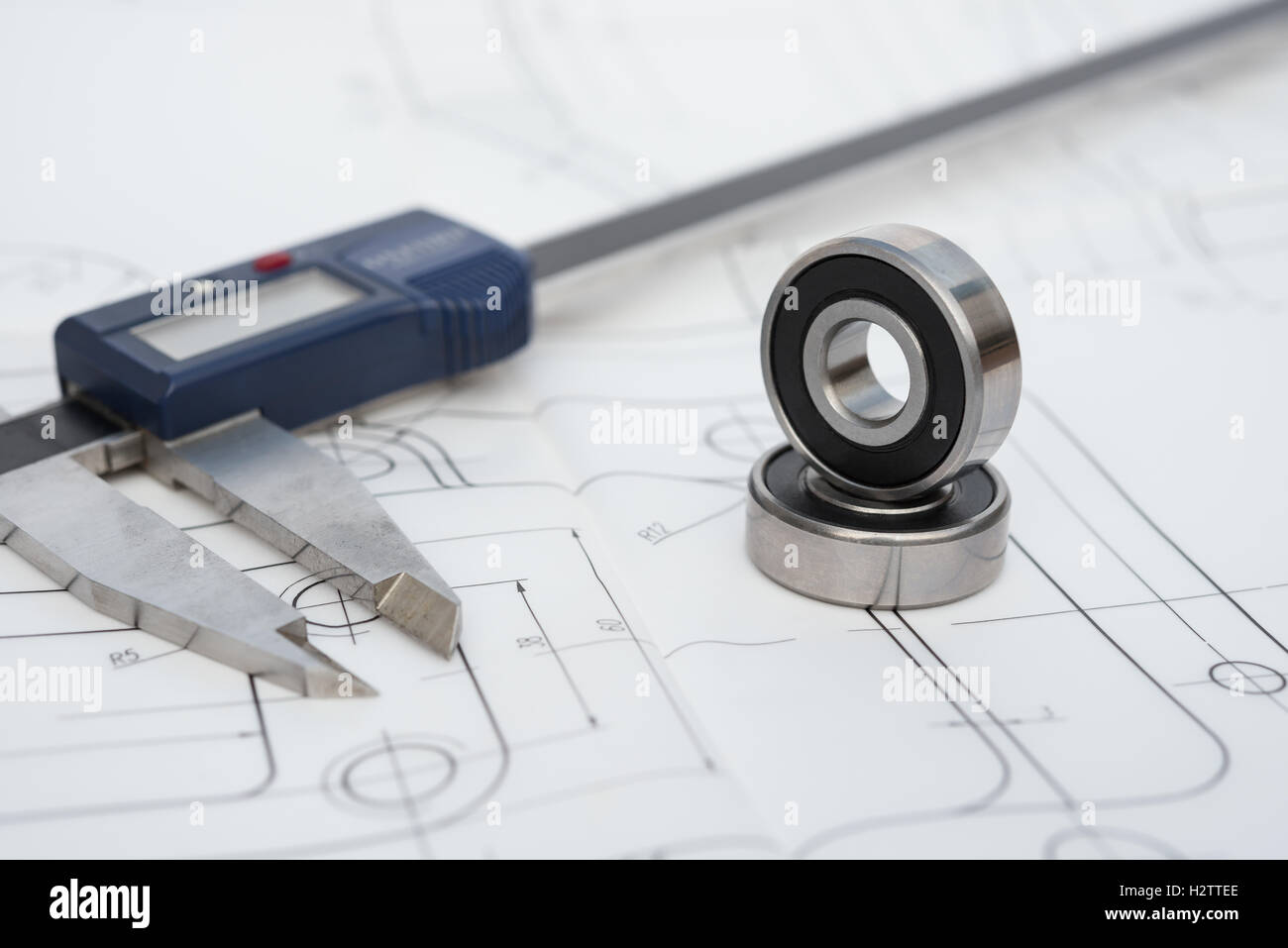 bearing and caliper on a mechanical engineering drawing Stock Photo