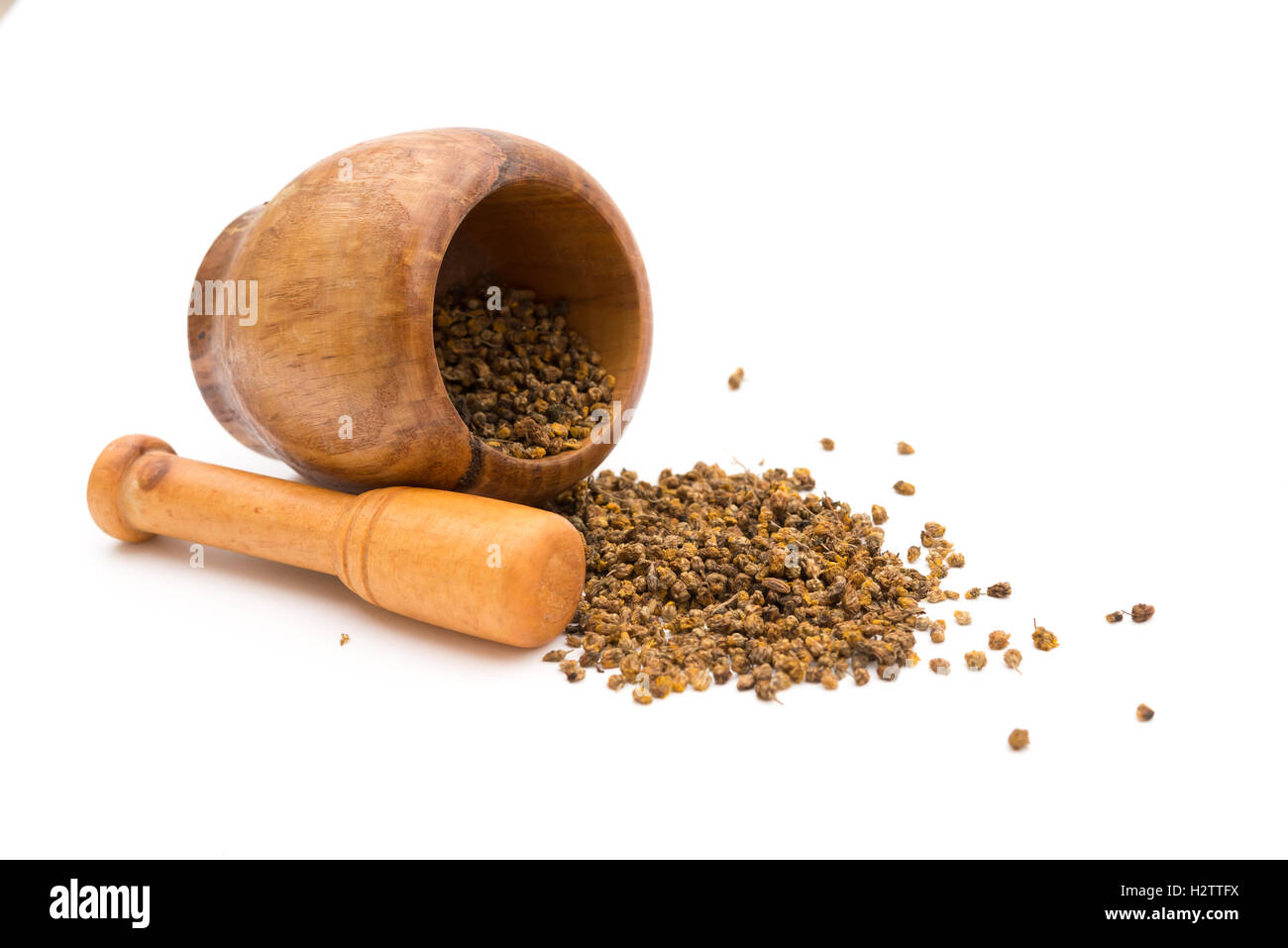 wooden mortar and pestle with flos chrysanthemi indic on white background Stock Photo