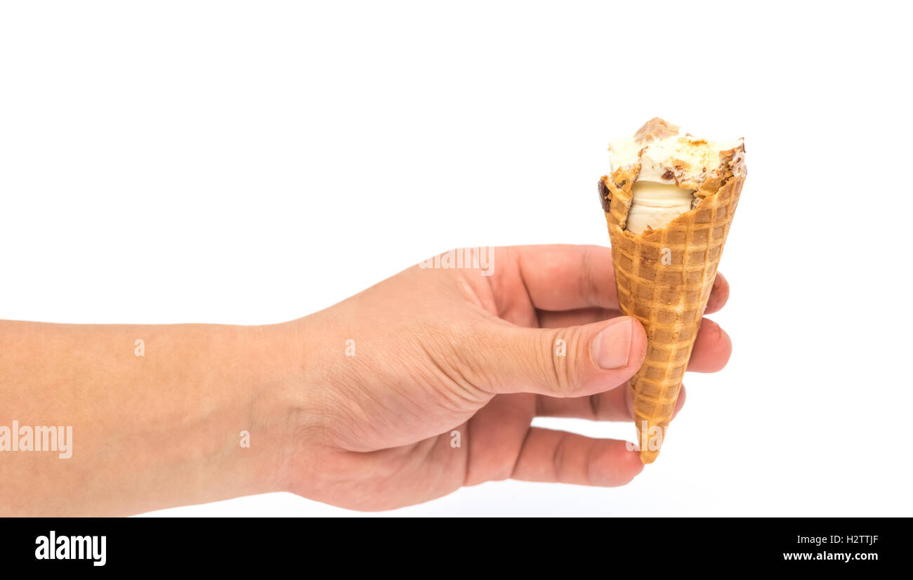 Hand Holding An Ice Cream With Half Eaten On White Stock Photo Alamy