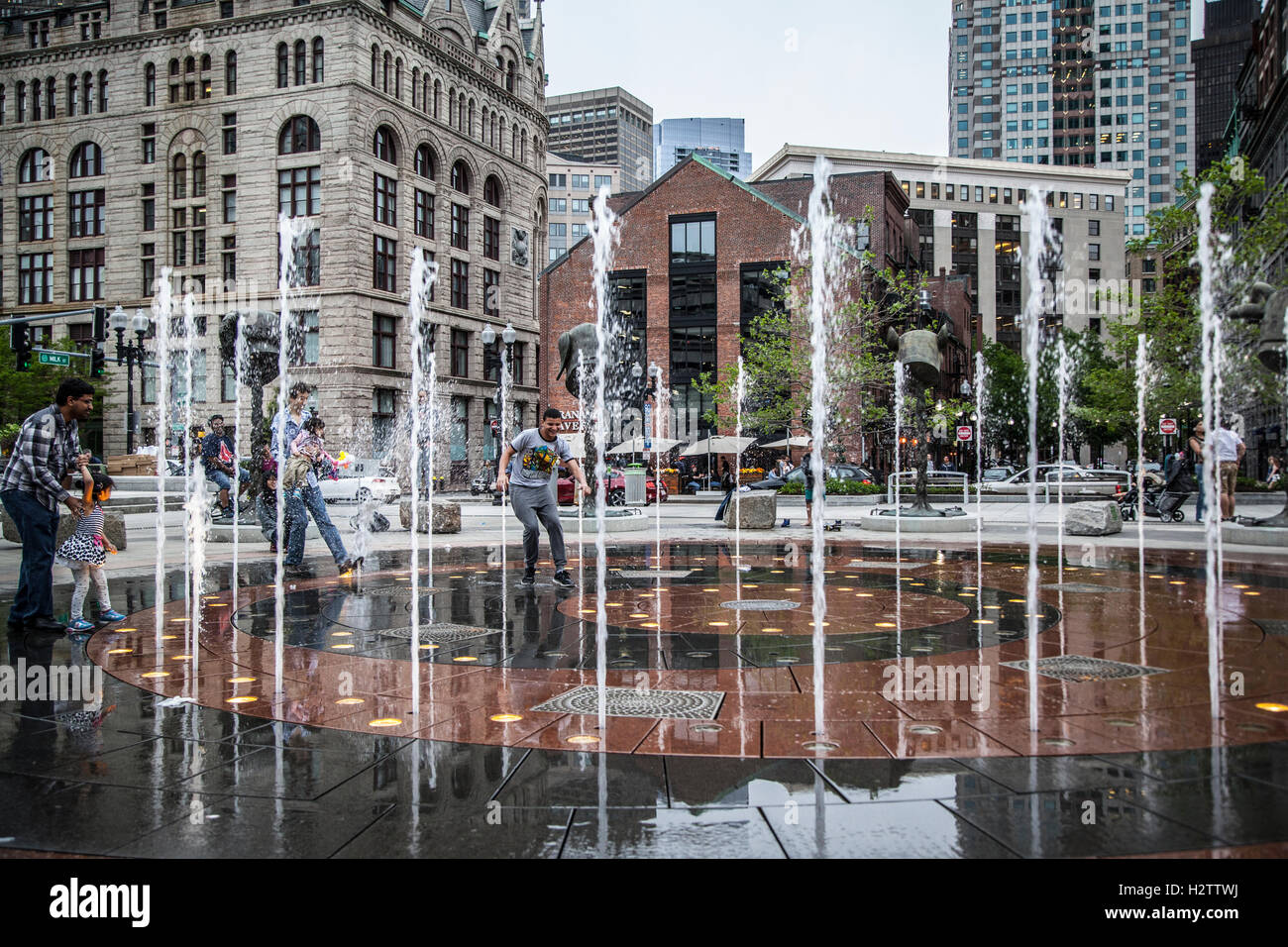 Young people having fun in the Rings Fountain, Boston Stock Photo Alamy