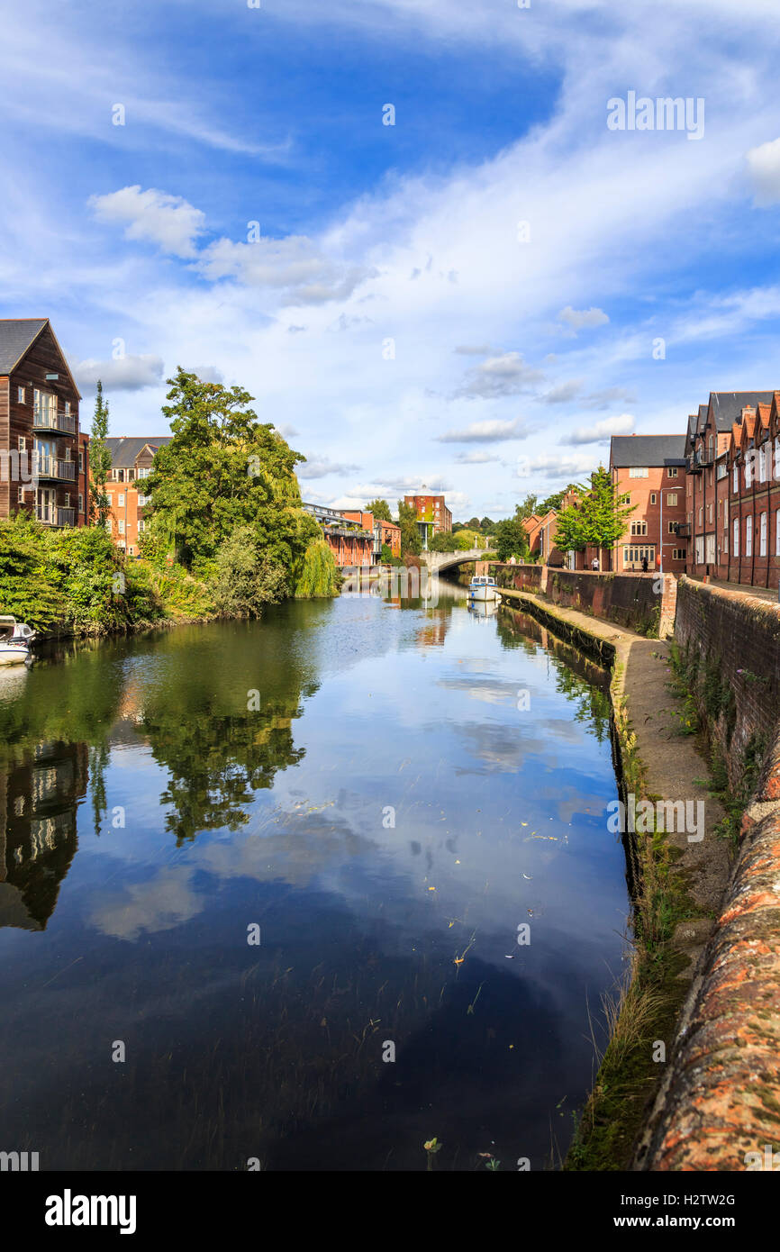 View along Quay Side and the River Yare from Fye Bridge, Norwich, Norfolk, East Anglia, eastern England on a sunny day Stock Photo