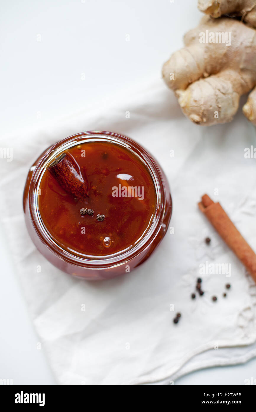 Apricot jam with ginger Top view Stock Photo Alamy