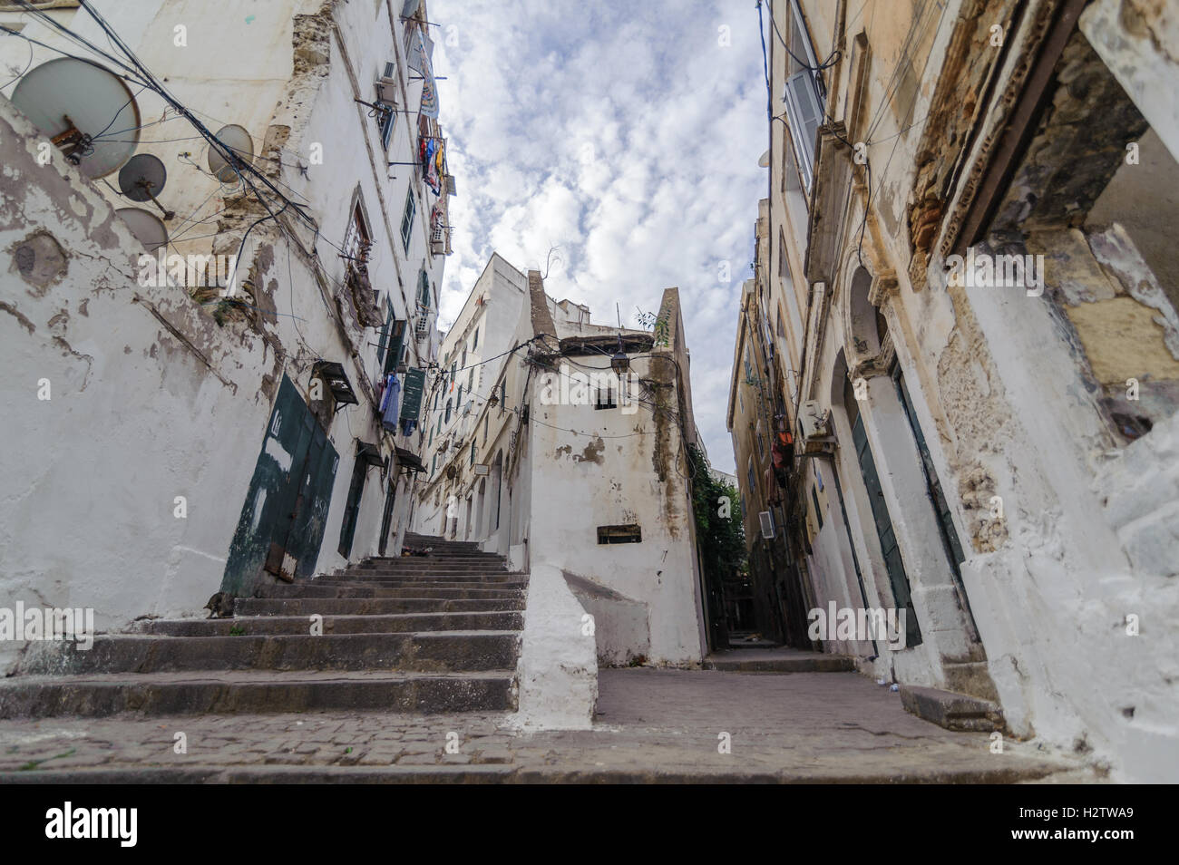 Stairways at the ancient part of old city of Algeria, called casbah(kasaba).Old city is 122 meters above the sea Stock Photo