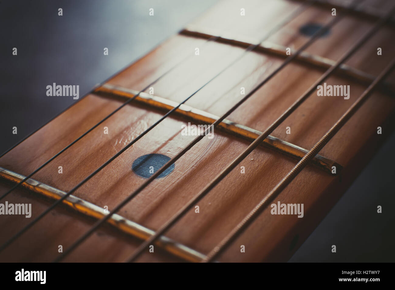 Electric guitar neck detail with light effect, one single marker point selective focus Stock Photo