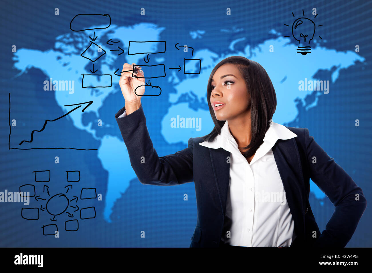 Beautiful female business woman consultant providing global reorganization strategy solution ideas concept. Stock Photo