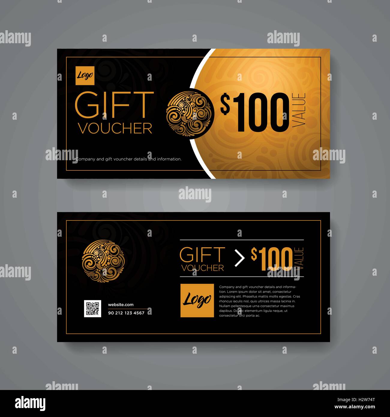 gift voucher design template luxury gold and black scroll pattern