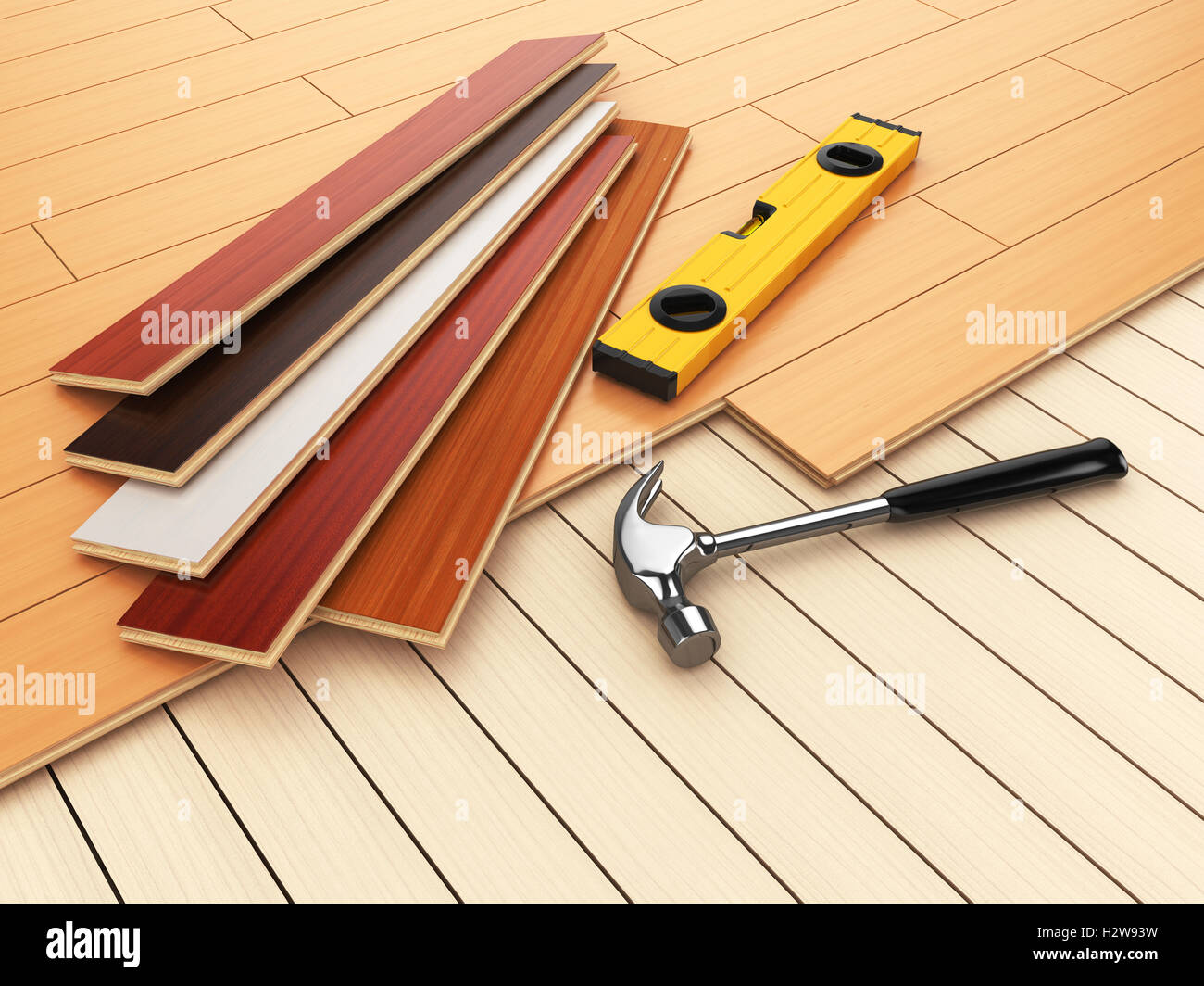 Laying hardwood parquet concept. Hammer and level on the floor. 3d ...