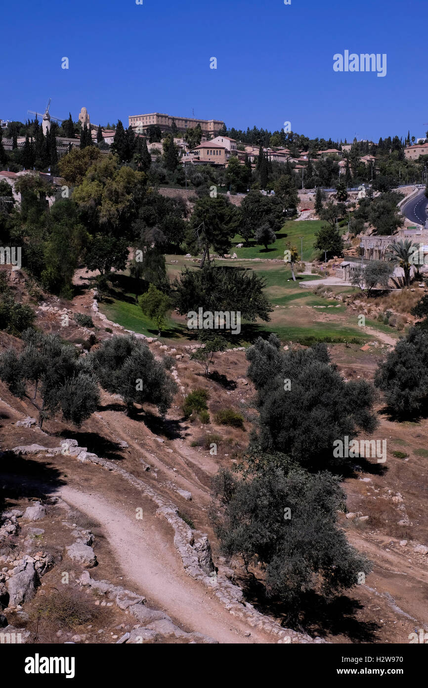 View of Yemin Moshe and Mishkenot Shaananim the first Jewish neighborhood built outside the walls of the Old City of Jerusalem from Valley of Hinnom the modern name for the biblical Gehenna or Gehinnom valley surrounding Jerusalem's Old City, Israel Stock Photo