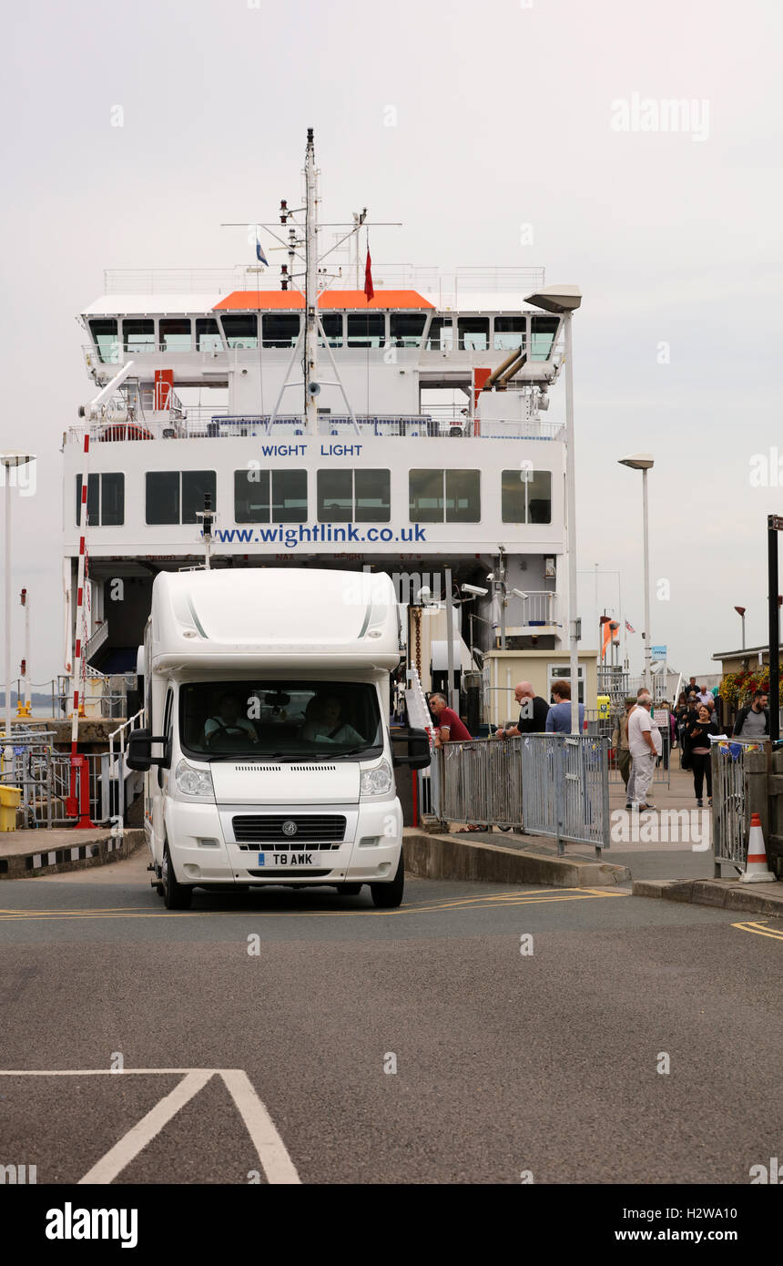 19th September 2016, Isle of Wight Ferry at Yarmouth on Lymington route, un-loading vehicles, cars, van, campers and 4x4's Stock Photo