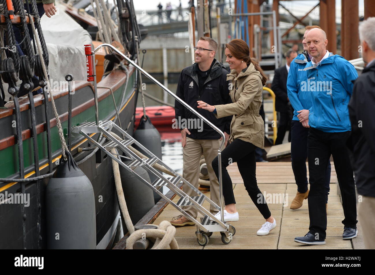 The Duchess of Cambridge boards the tall ship, Pacific Grace, before sailing with members of the Sail and Life Training Society, at Victoria Inner Harbour in Victoria during the Royal Tour of Canada. Stock Photo