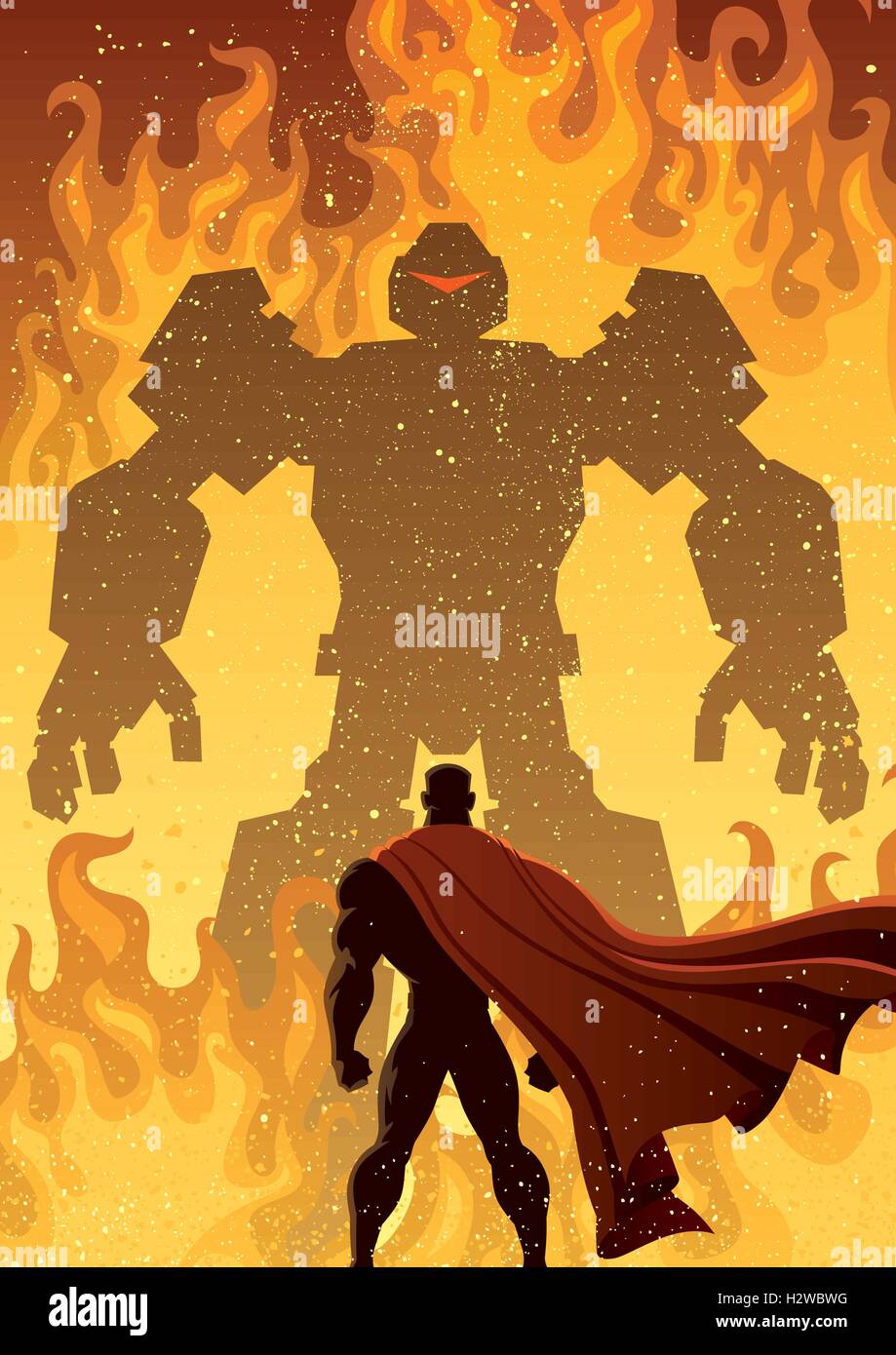 Superhero facing giant evil robot. Stock Vector