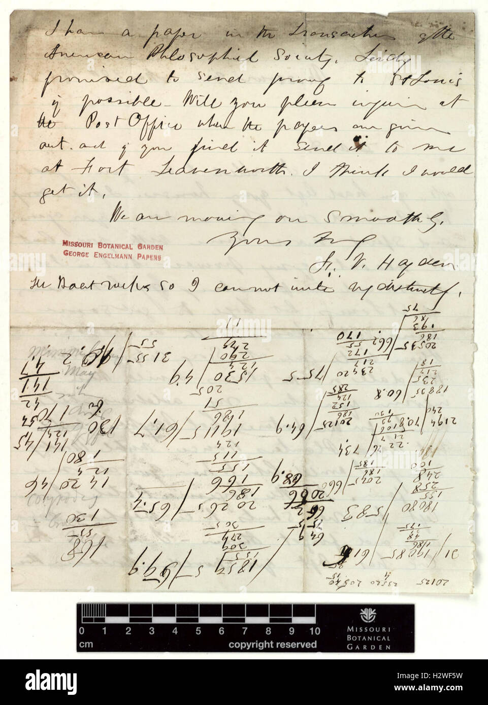 Correspondence - Hayden (Ferdinand) and Engelmann (George) (May 29, 1859 (1) verso) BHL435 Stock Photo
