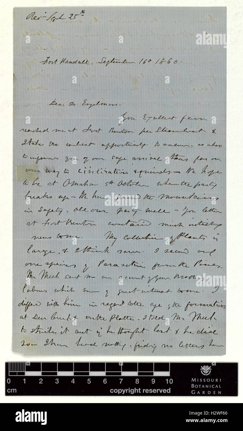 Correspondence - Hayden (Ferdinand) and Engelmann (George) (Sep 16, 1860 (1)) BHL435 Stock Photo