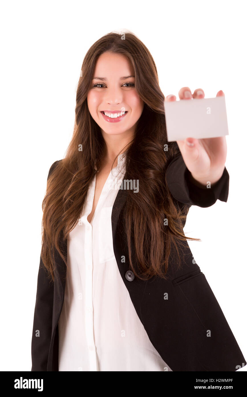 Woman holding empty white card, isolated over white Stock Photo Alamy
