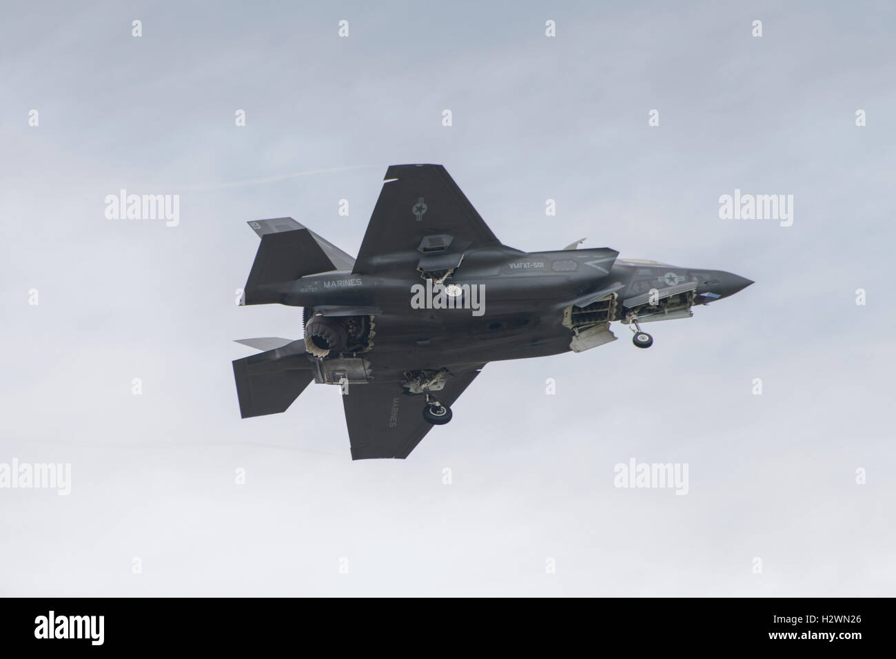 United States Navy Marine F-35B Lightning II Stealth Fighter hovers over the airfield at the 2016 Royal International Air Tattoo Stock Photo