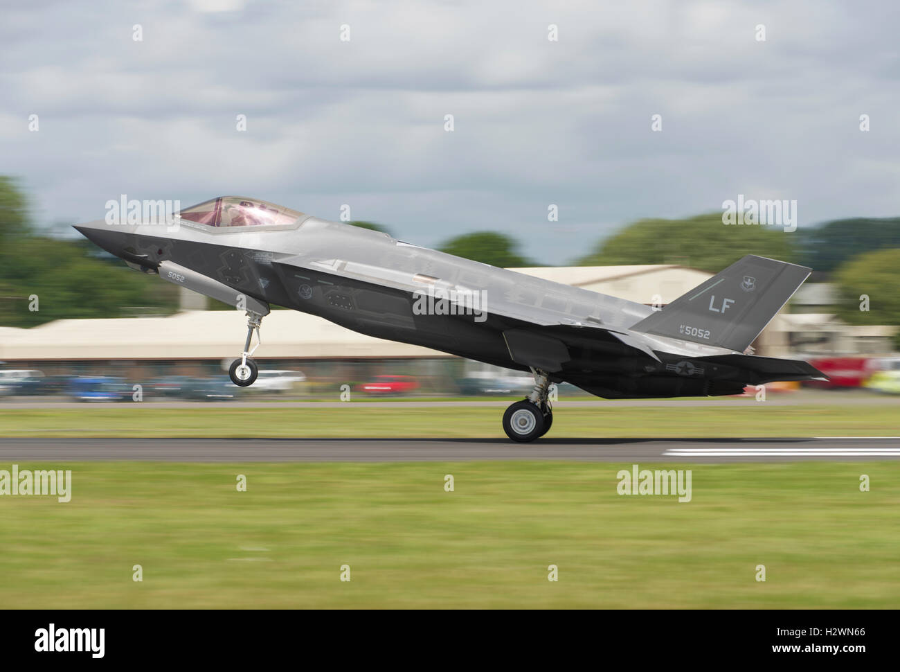 Lockheed Martin F-35A Lightning II stealth fighter touches down at Fairford during the 2016 Royal Air Tattoo Stock Photo