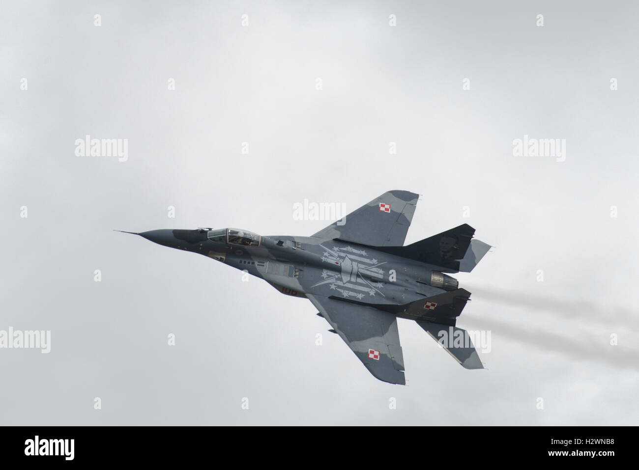 Mikoyan MiG-29A Fulcrum twin engine military jet fighter  from the Polish Air Force displays at the 2016 RIAT Stock Photo