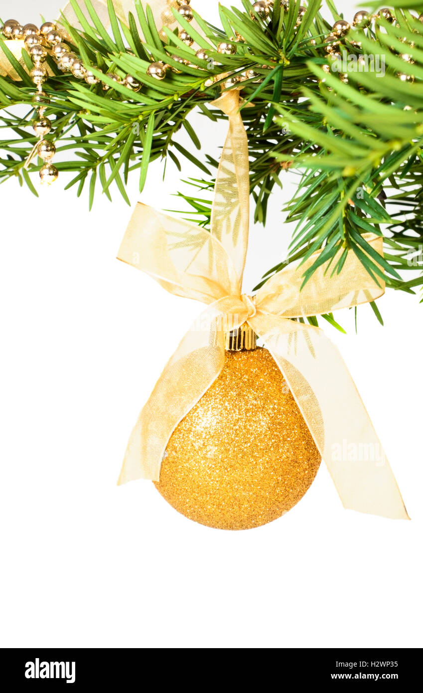 Hanging golden christmas ball. Stock Photo