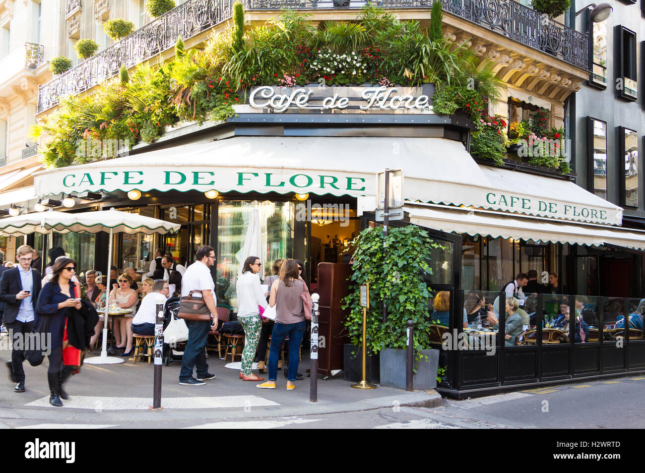 Paris; France-June 09, 2016 : The famous cafe de Flore located at the corner of boulevard Saint Germain and rue Saint Benoit. Stock Photo