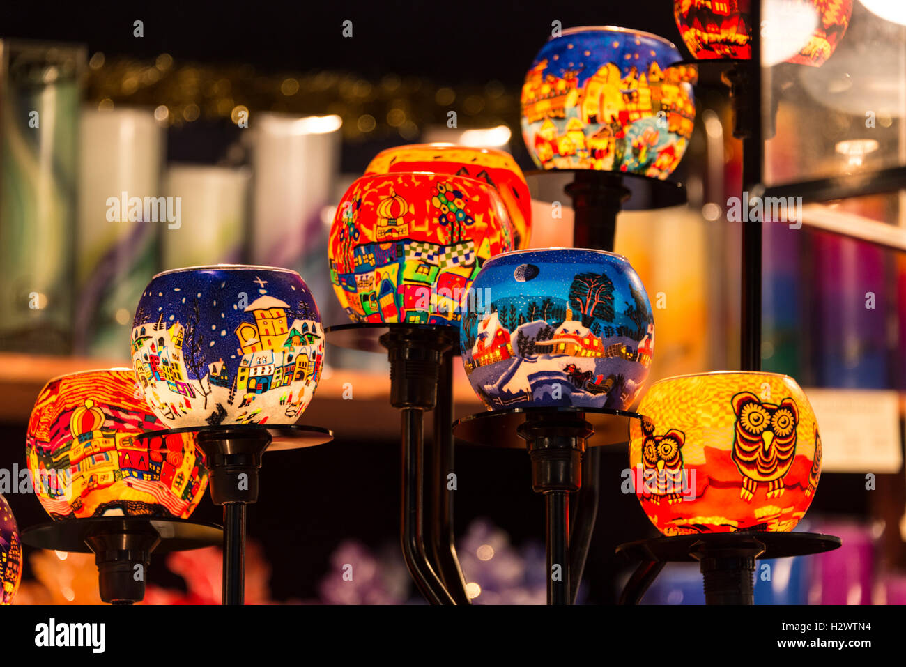 Handmade painted glass Christmas bauble candles on sale at the  Nuremberg Christmas market in Nuremberg, Germany. Stock Photo