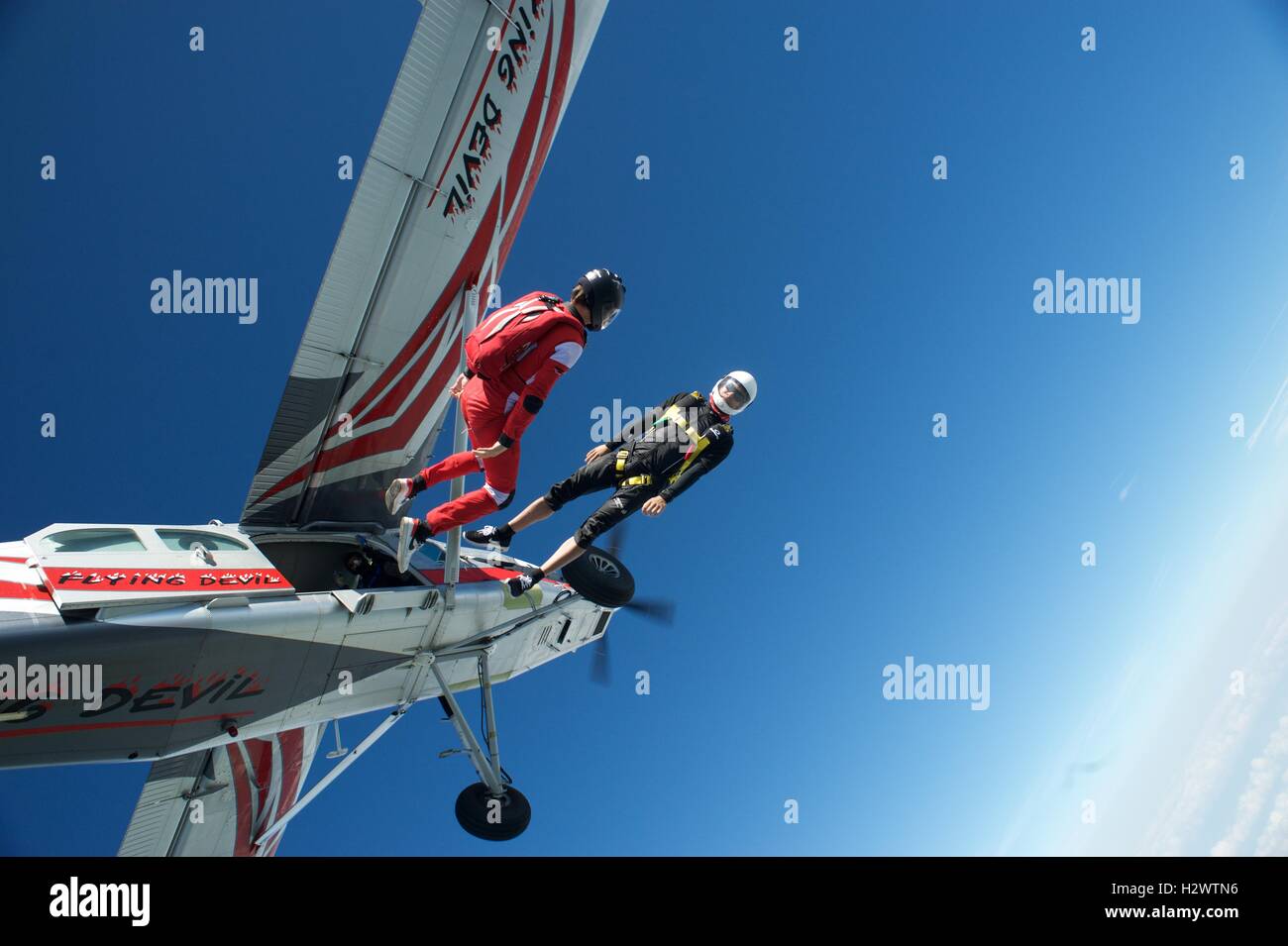 Two skydivers flying head down Stock Photo