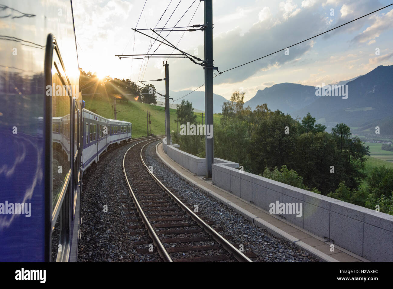 Payerbach: train at Semmeringbahn (Semmering railway), train window, Wiener Alpen, Alps, Niederösterreich, Lower Austria, Austri Stock Photo
