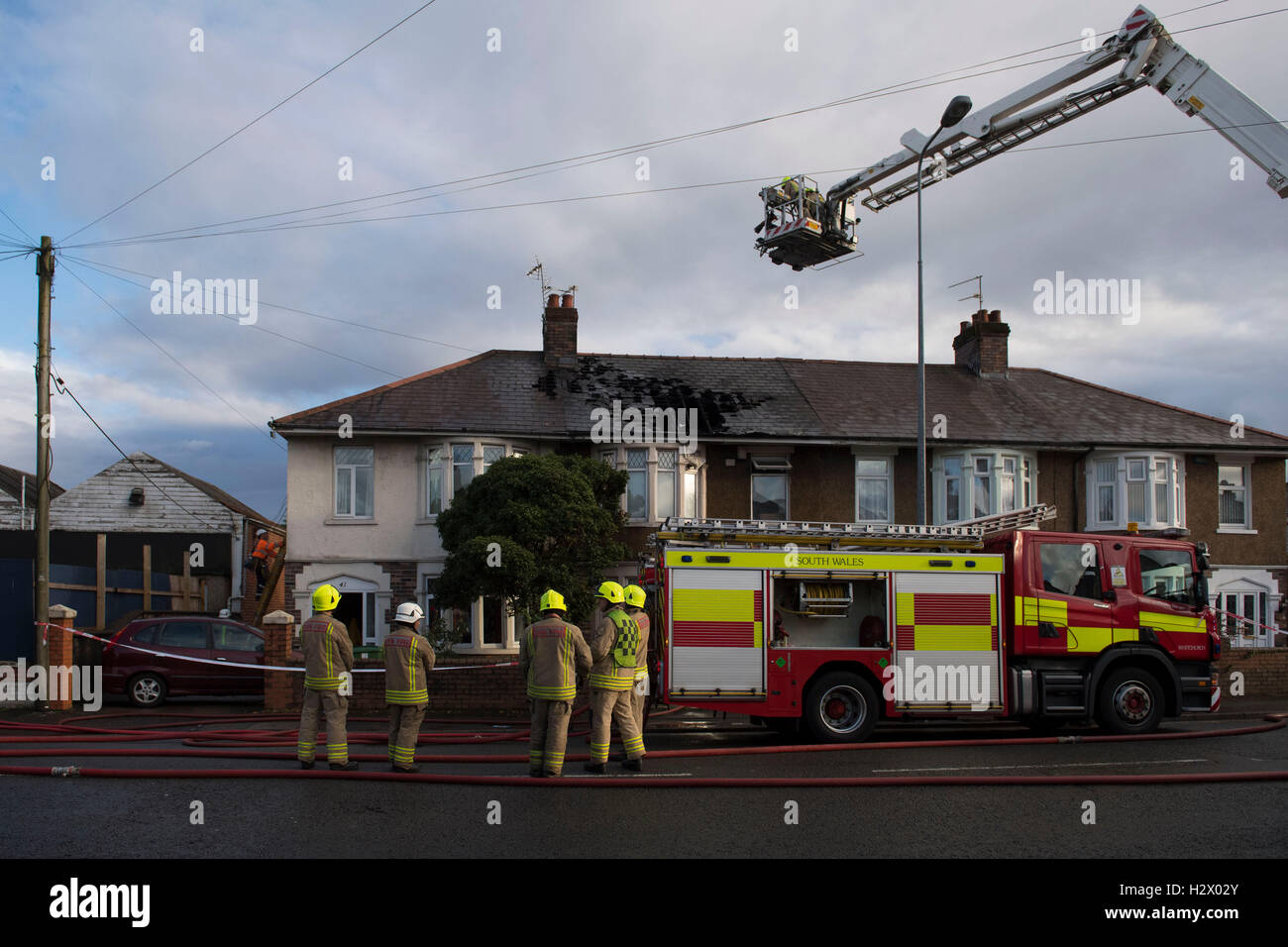 Firefighters attend a fire at a property on Birchgrove Road, Birchgrove, Cardiff. Stock Photo