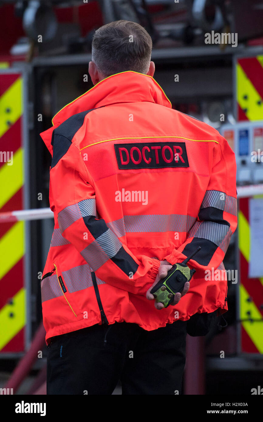 An emergency doctor on scene at a major incident. Stock Photo
