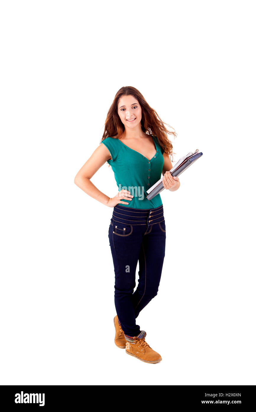 University girl holding books and smiling Stock Photo - Alamy