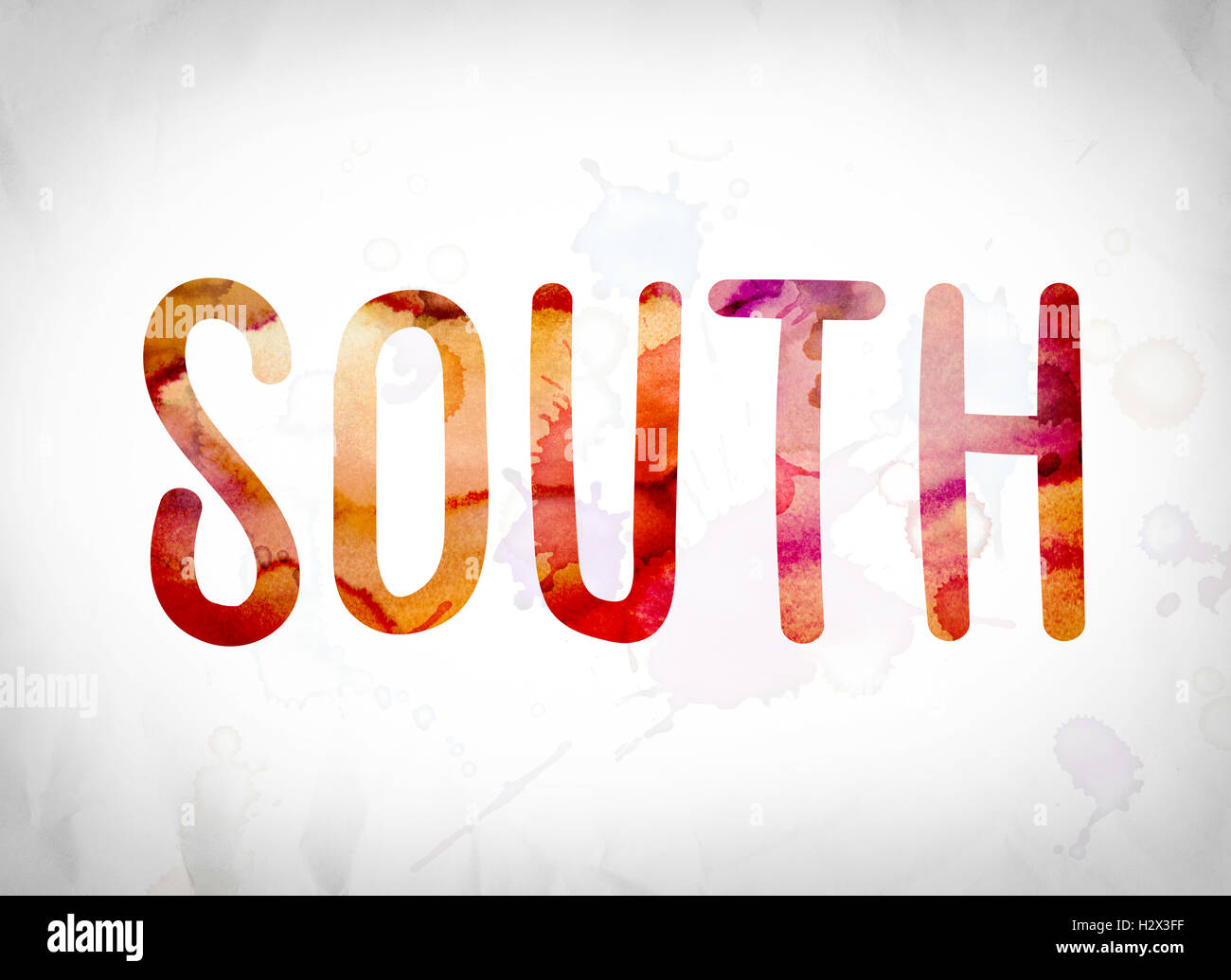 The word "South" written in watercolor washes over a white paper background concept and theme