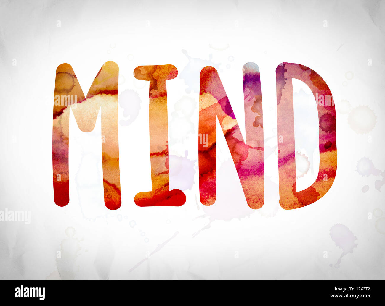 The word "Mind" written in watercolor washes over a white paper background concept and theme. Stock Photo