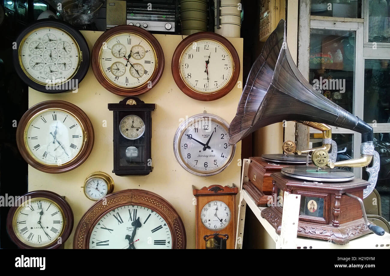 Vintage clocks and Gramophones shop in chor bazaar mumbai maharashtra india Stock Photo