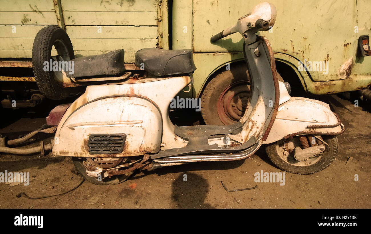 A junked old  Vintage and Classic  scooter bajaj in flea market at  chor bazaar  mumbai india. Stock Photo