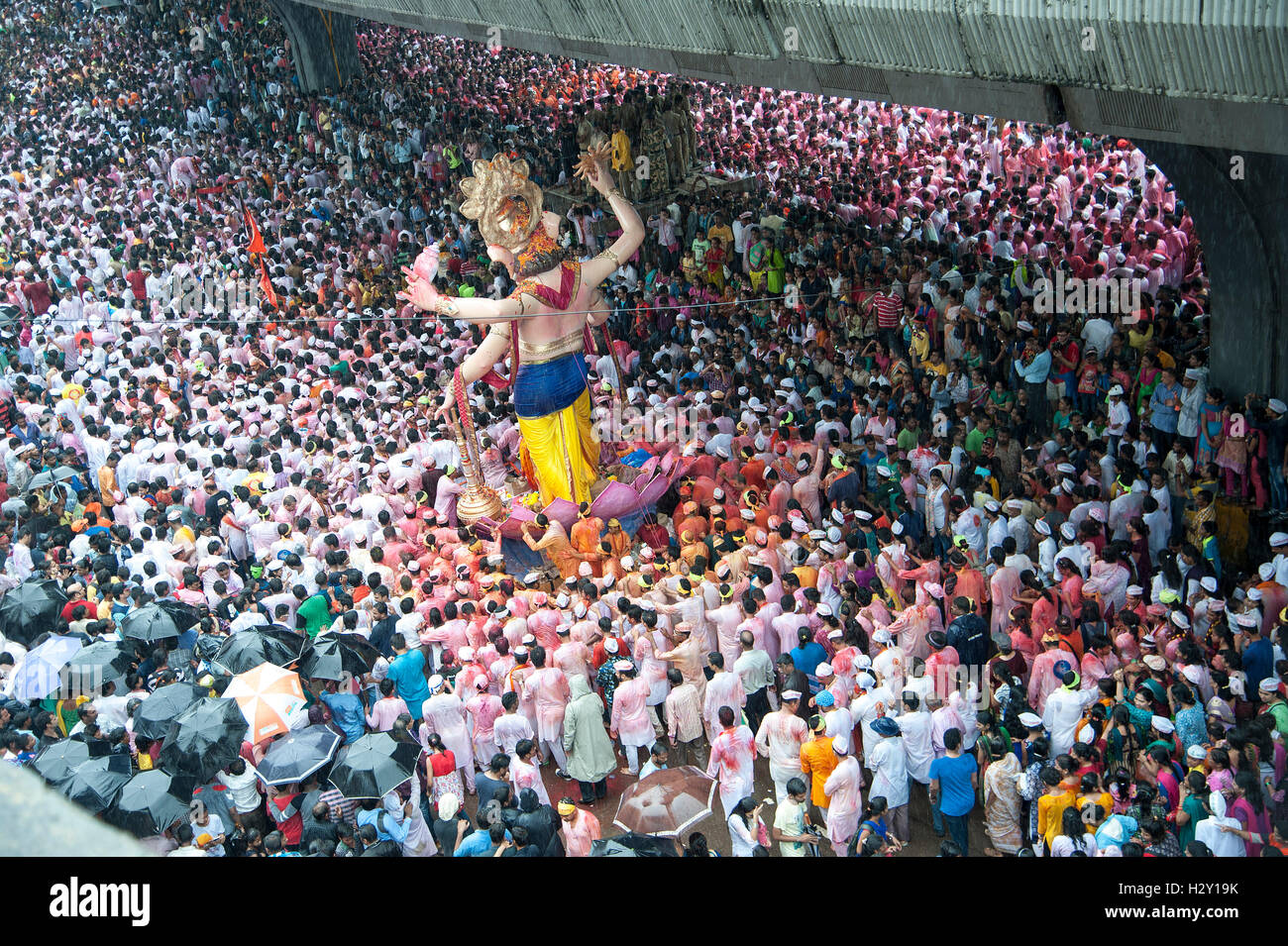 mumbai / india 15 september 2016 huge Crowd at religious procession during Ganpati ganesha immersion ceremony mumbai india. Stock Photo