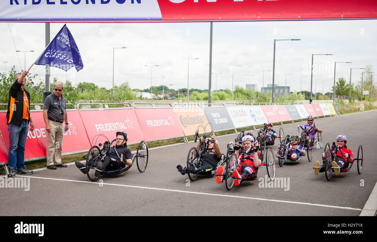 Competitors take part in Handcycle Grand Prix on the opening day of the Prudential RideLondon event 2016 at the Lee Valley VeloPark  Featuring: Jonathon Waters, James Pierce, Gary Donald, Clive Smith, Kirk Hughes, Ryan Rauf, Rory Marriott, Jen Warren Wher Stock Photo