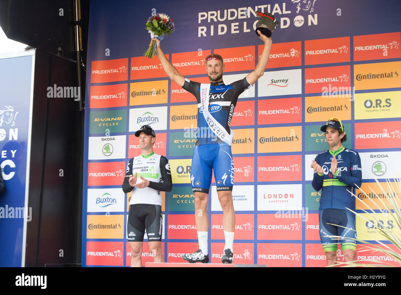Sunday 31st July 2016 International Pro Teams compete in the RideLondon Classic Race  Featuring: Tom Boonen (Winner), Mark Renshaw (2nd Place), Michael Matthews (3rd Place) Where: London, United Kingdom When: 29 Jul 2016 Stock Photo